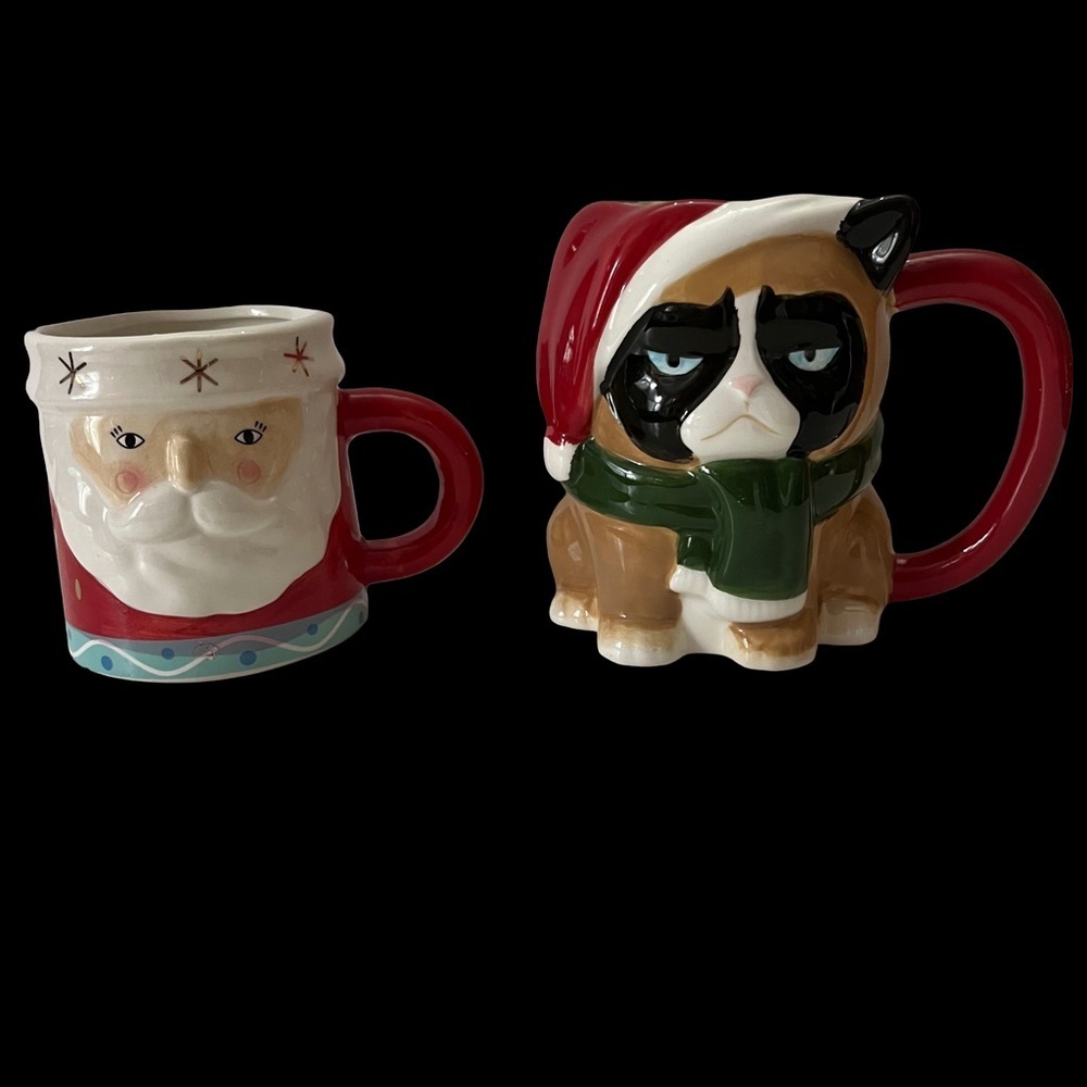 Oh Grumpy Cat Christmas Mug and Vintage Santa Mug